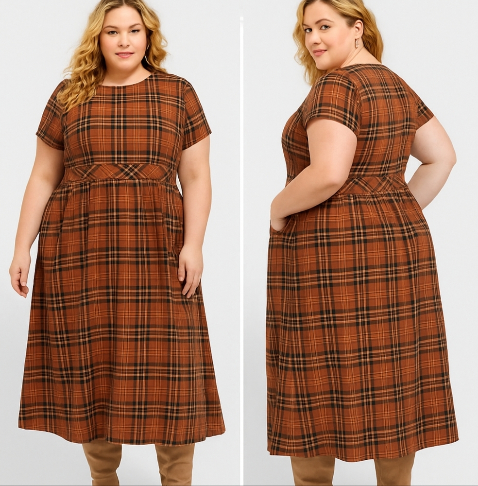Torrid Womens Plus Size 4 Plaid Midi Dress Brown Orange Check Short Sleeve 26/28